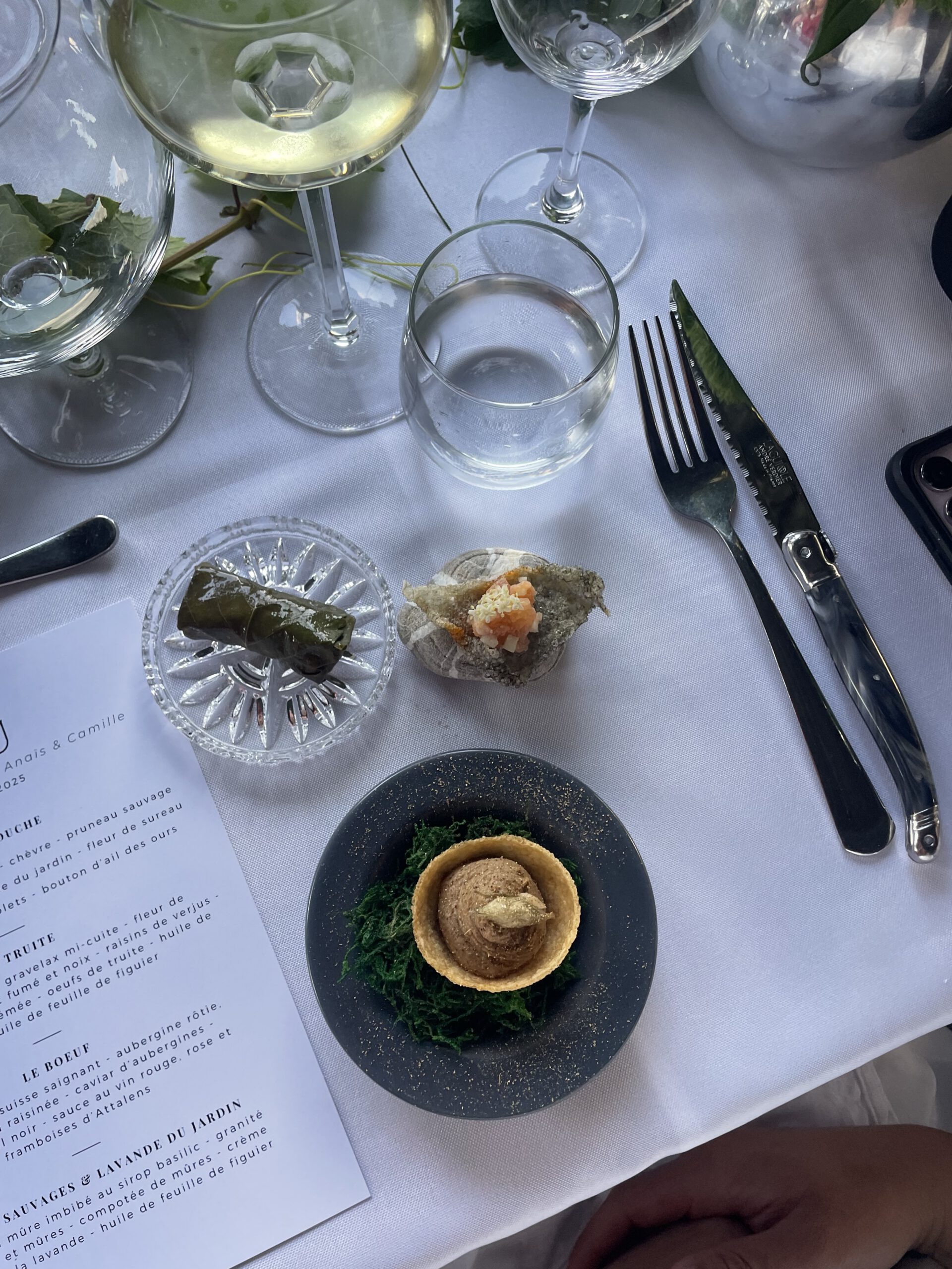 3 Amuse-bouche || ||

• Feuille de vigne farcie à l’épeautre - chèvre frais – pruneau || ||

• Tartare de truite – vinaigre de fleurs de sureau || ||

• Crémeux champignons et bolets – bouton d’ail des ours || ||